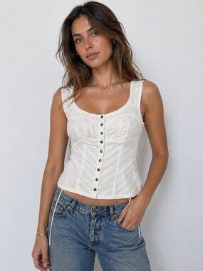 Bebe White Corset Top Lace Up Back Button Front Y2K Fitted Tank XS